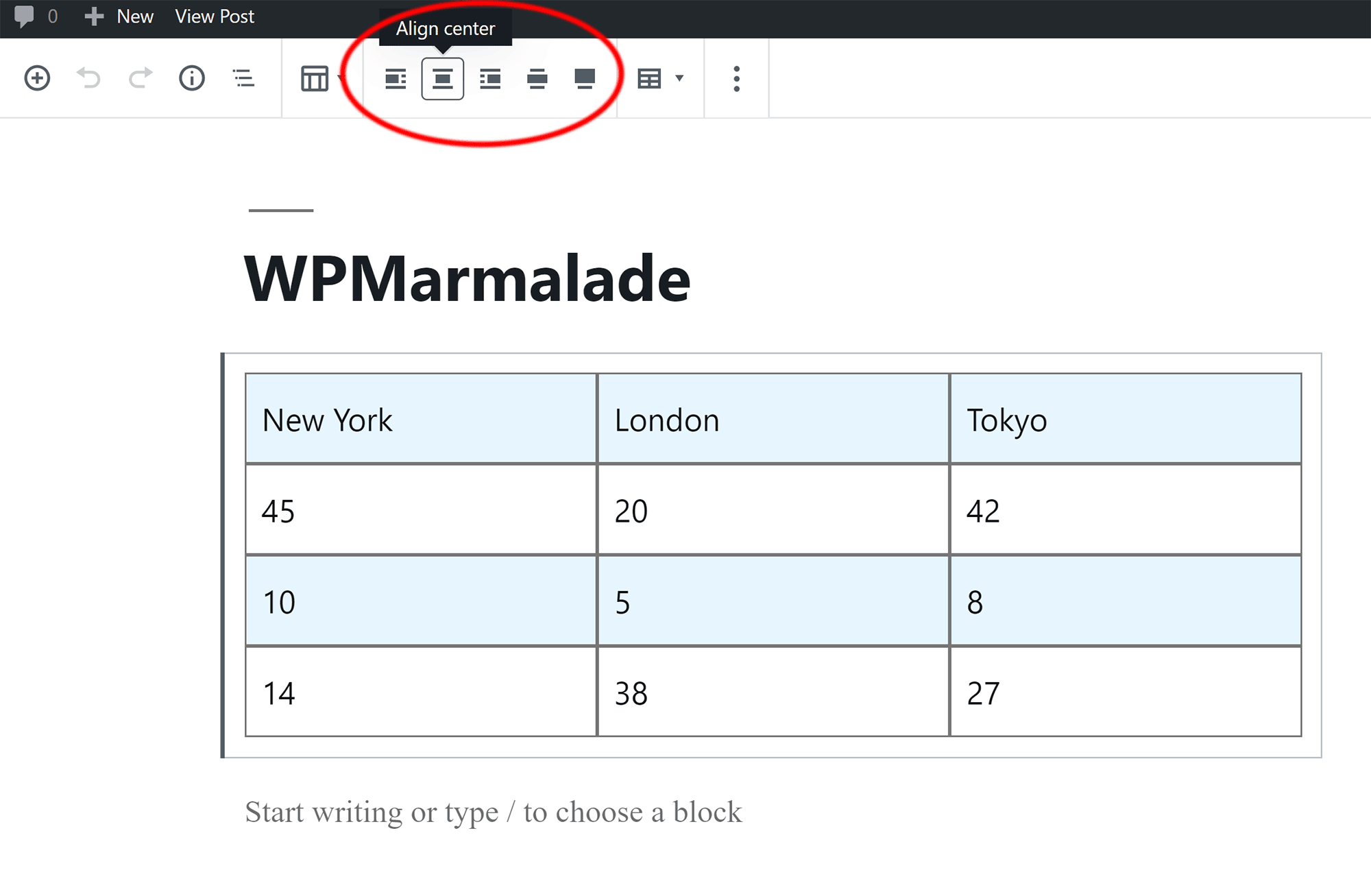 Adjusting the alignment and width of a table