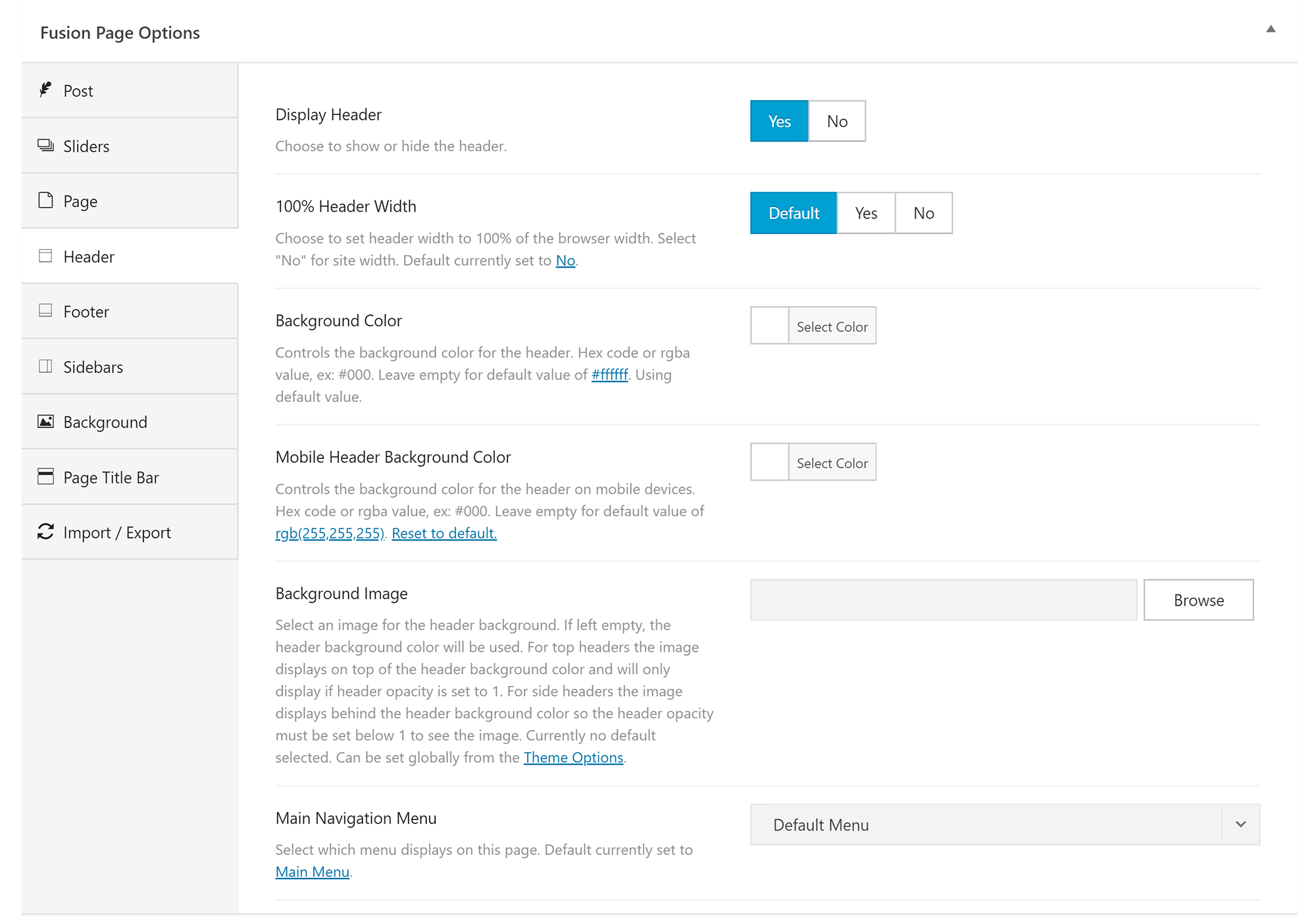 Fusion Page Options