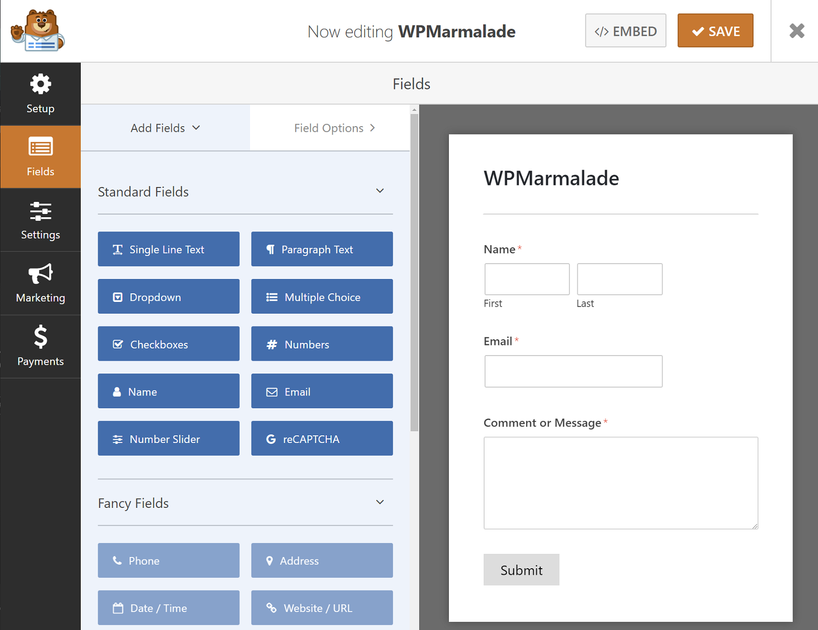 WPForms builder interface