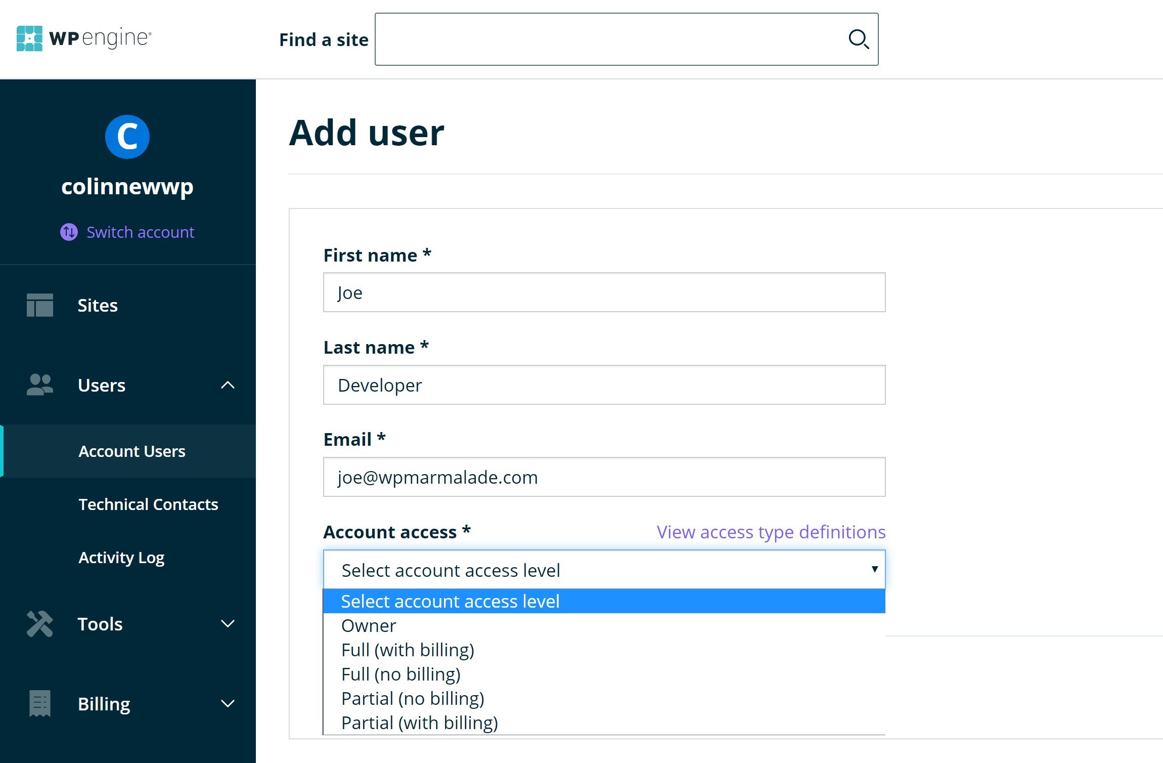How to add a user at WP Engine