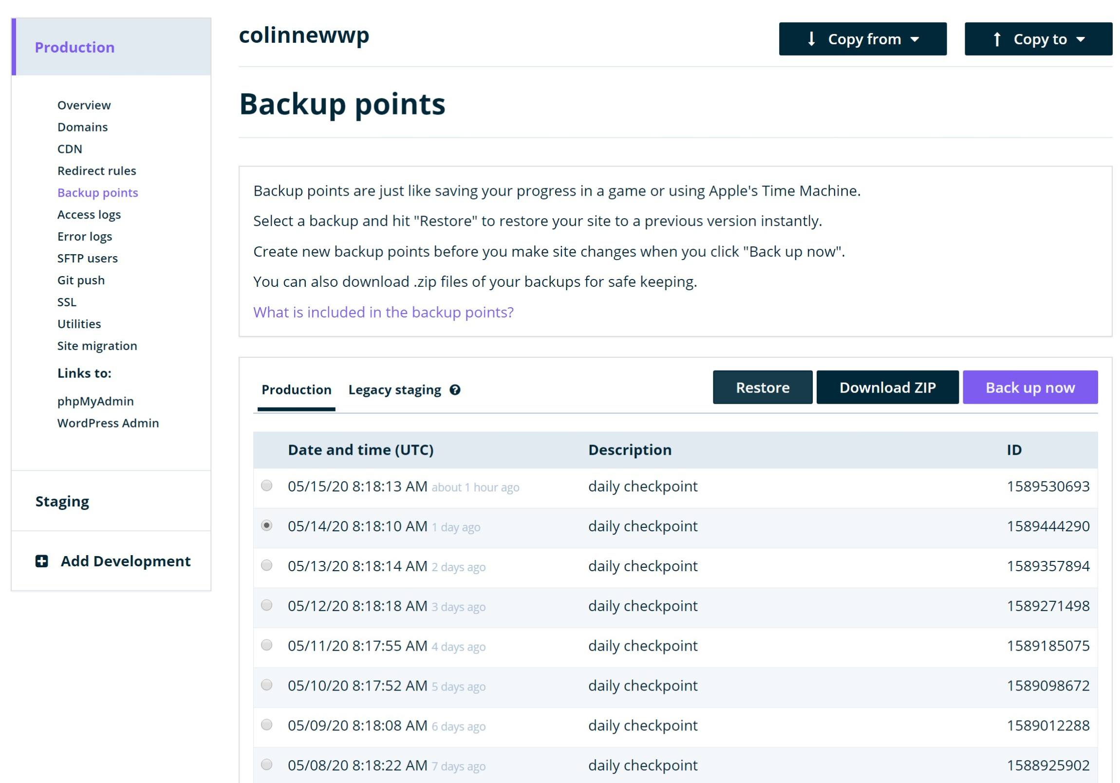 The WP Engine Backup points dashboard