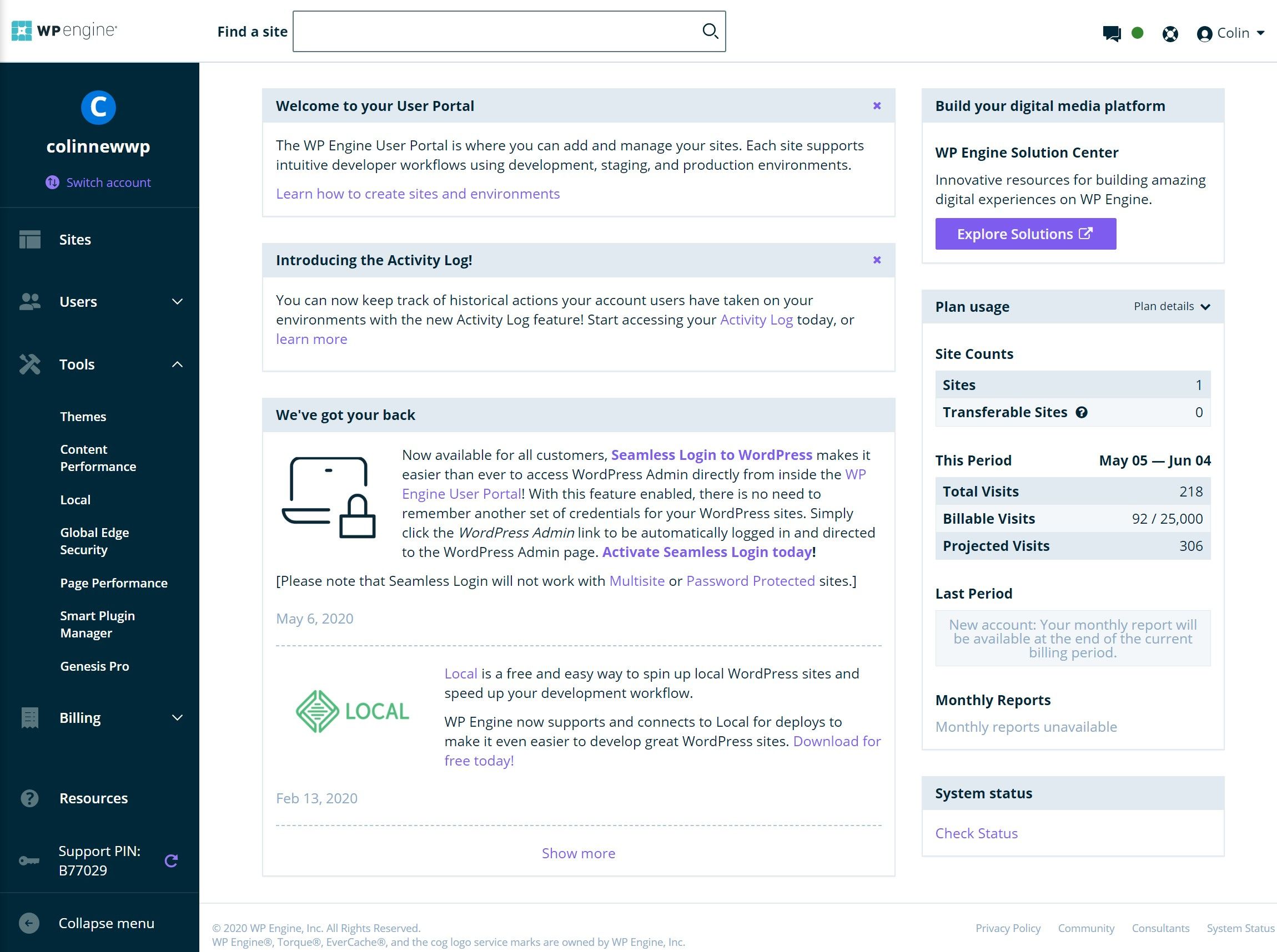 The main WP Engine dashboard page