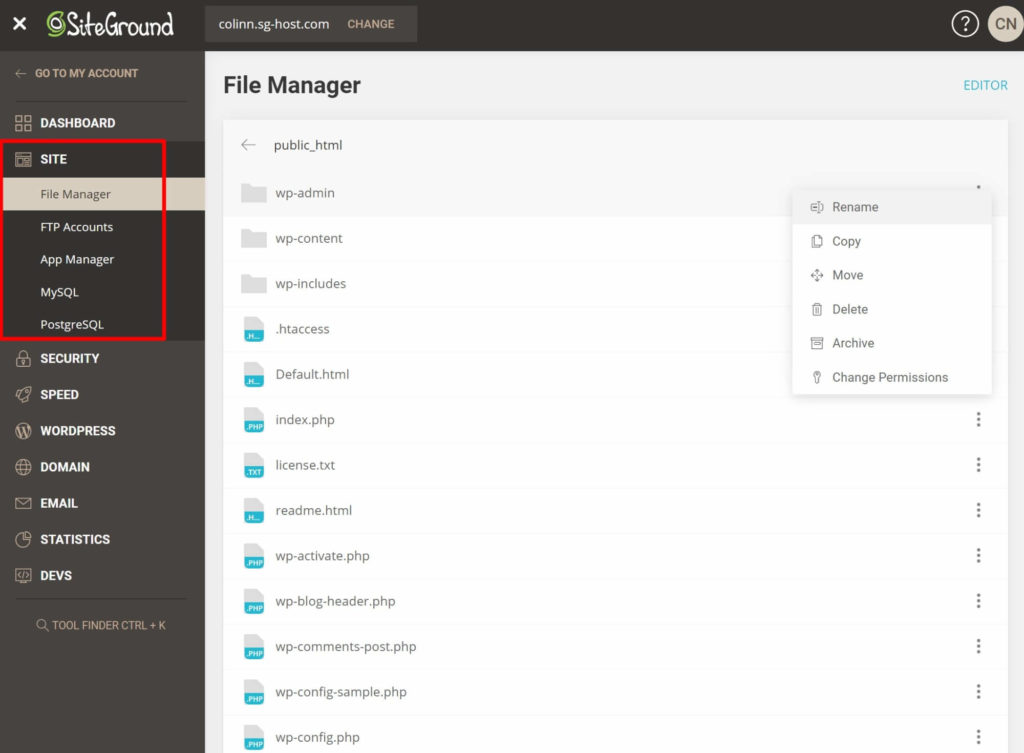 SiteGround file manager tool