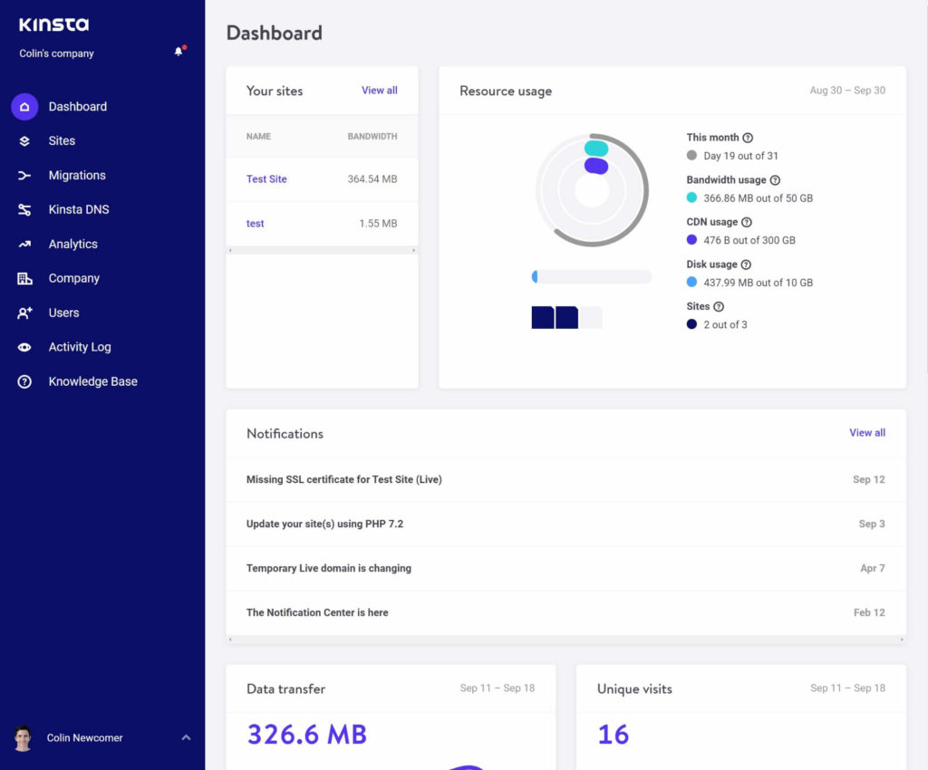The main Kinsta dashboard for your entire account