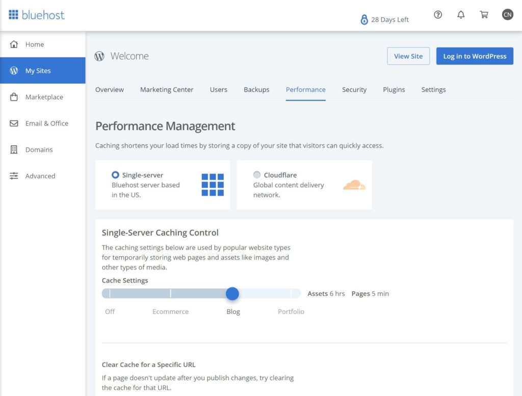 Bluehost lets you manage important performance features from your dashboard.