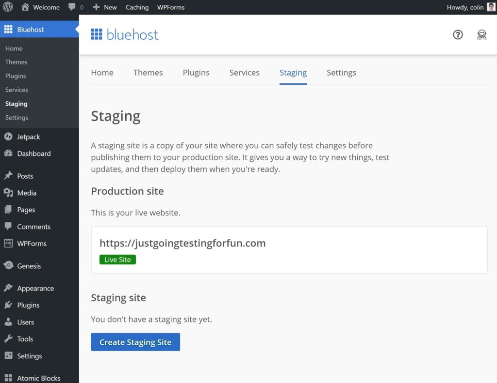 Bluehost's WordPress plugin, which includes staging