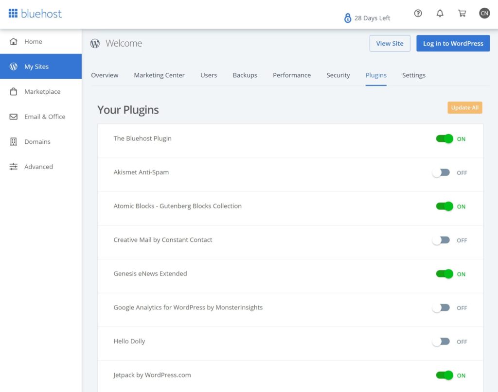 Bluehost's in-dashboard plugin management tool