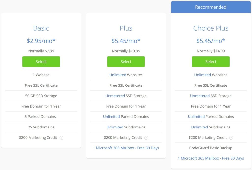 The Bluehost pricing page