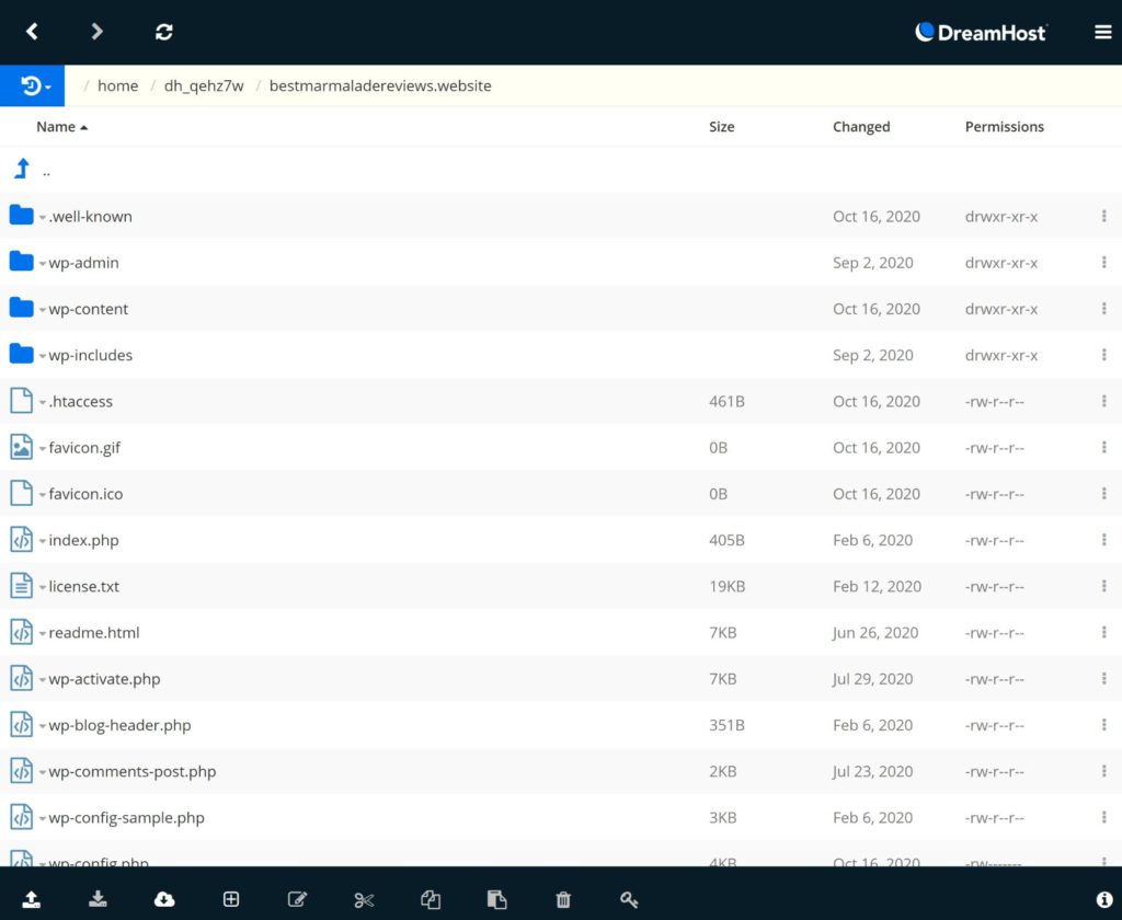 DreamHost's custom file manager tool