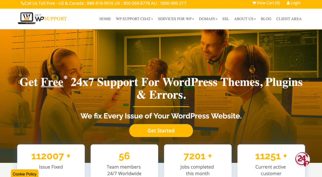 The 24x7 WP Support home page for WordPress technical support services.