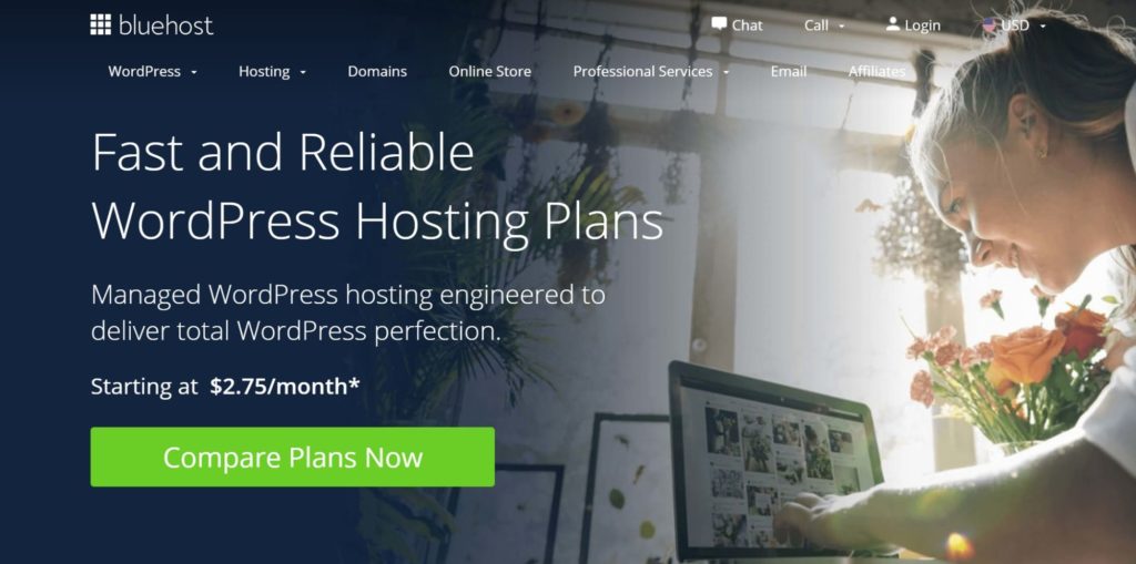 The Bluehost WordPress hosting page