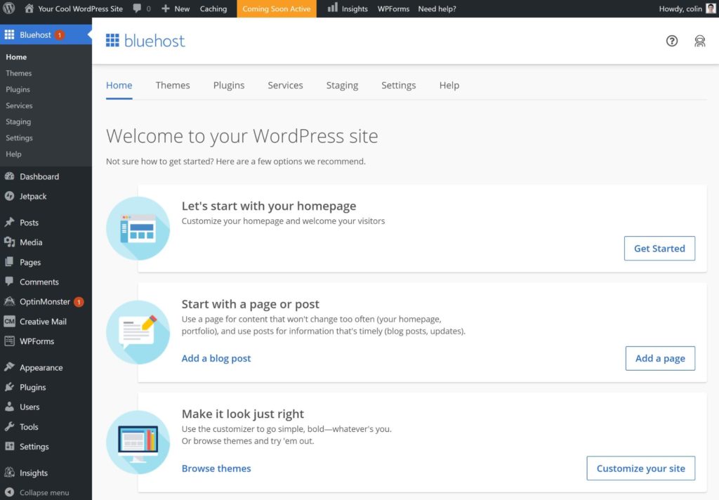 The standard WordPress dashboard with some user-friendly additions from Bluehost