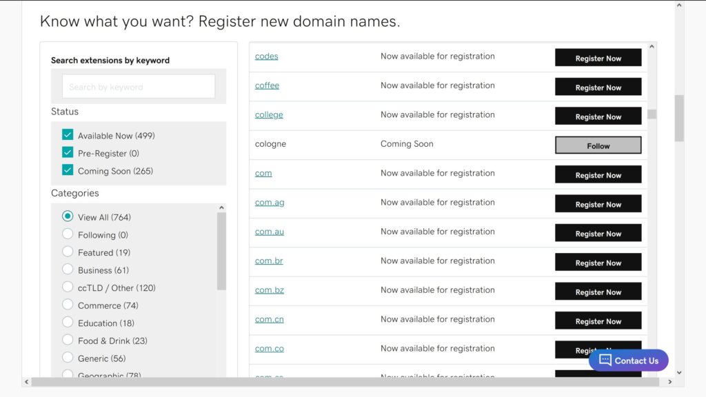 GoDaddy TLD List