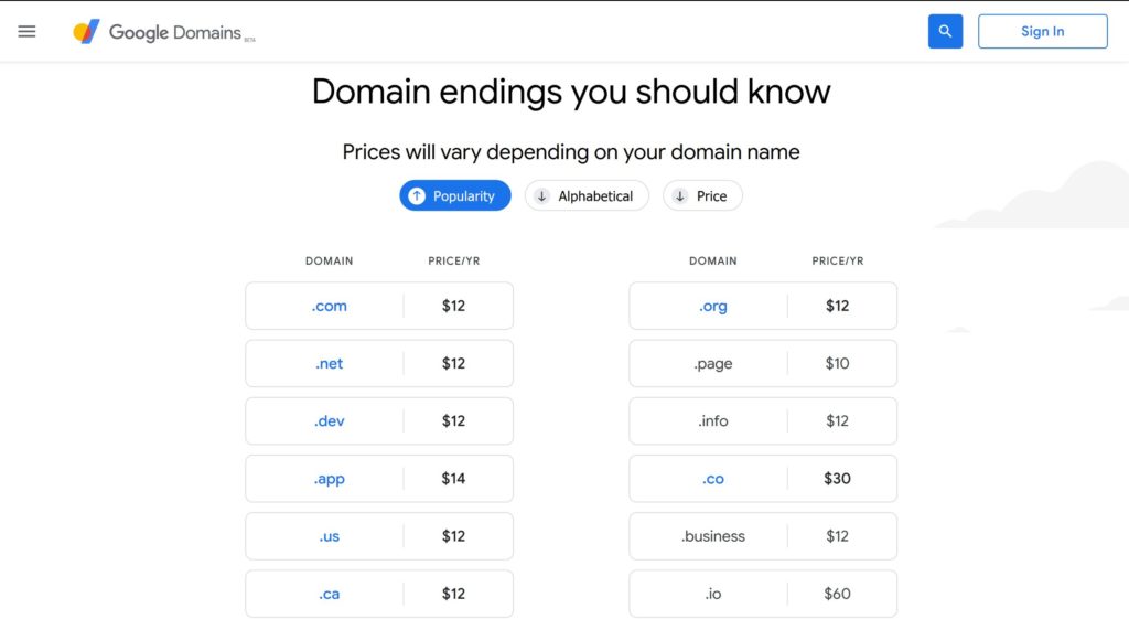 Google Domains TLD List