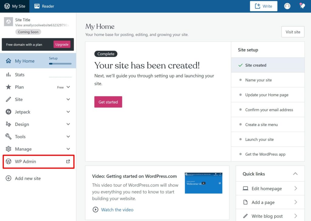 The custom WordPress.com dashboard