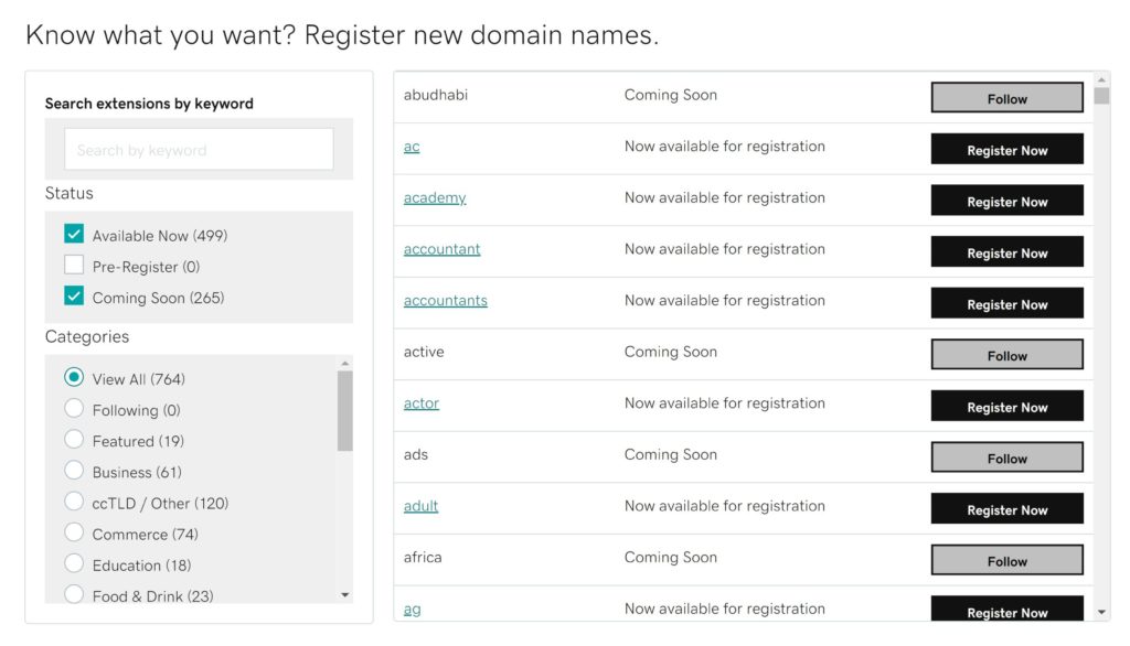 GoDaddy Domain Extensions