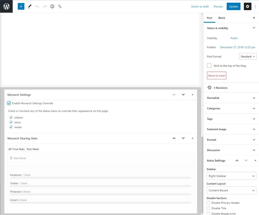 Monarch adds some page-level settings to the WordPress editor