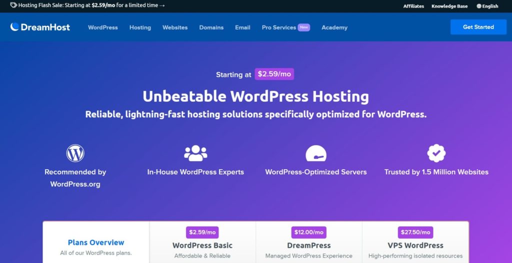 The DreamHost WordPress hosting page