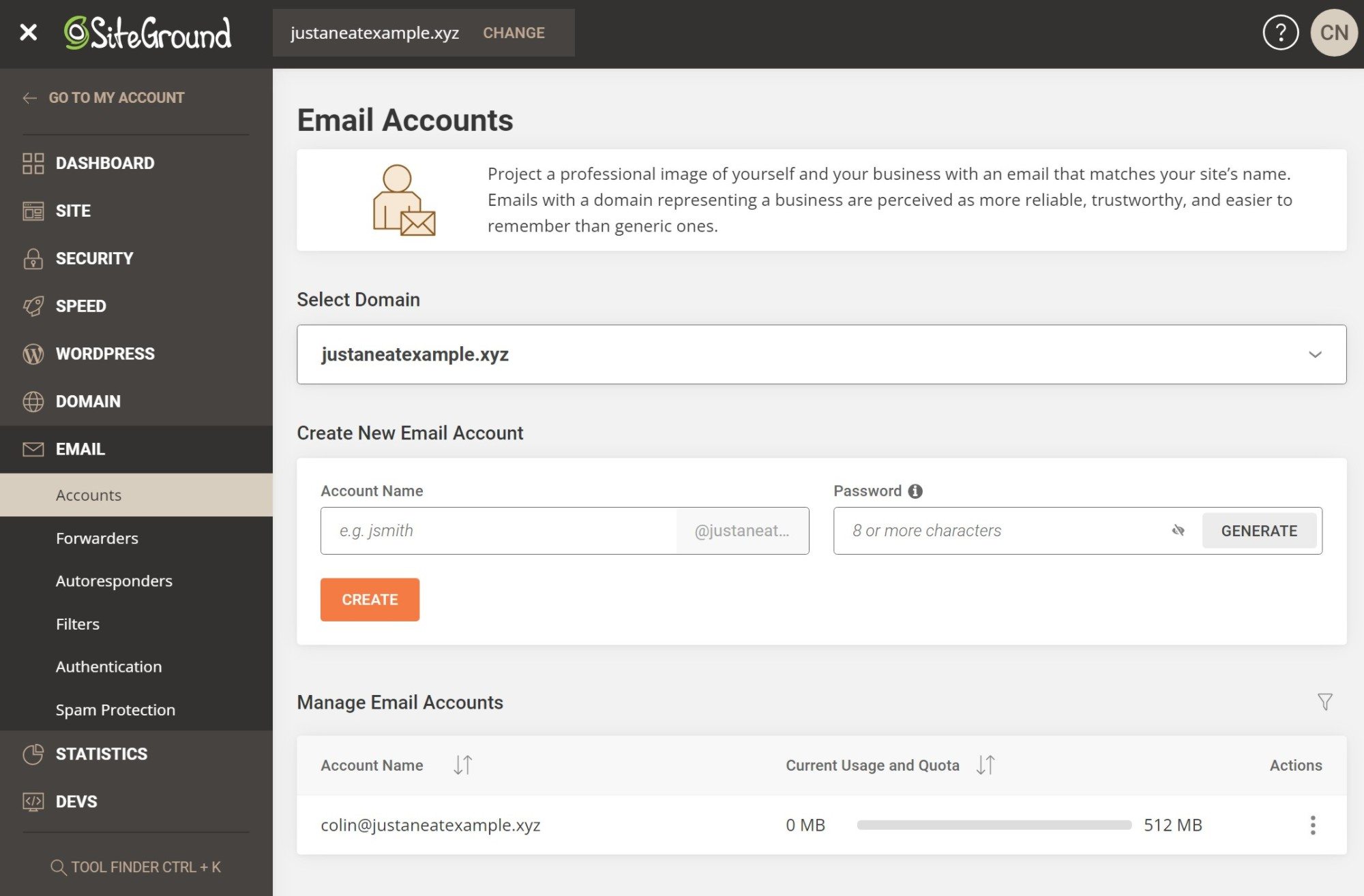 SiteGround's email account management area