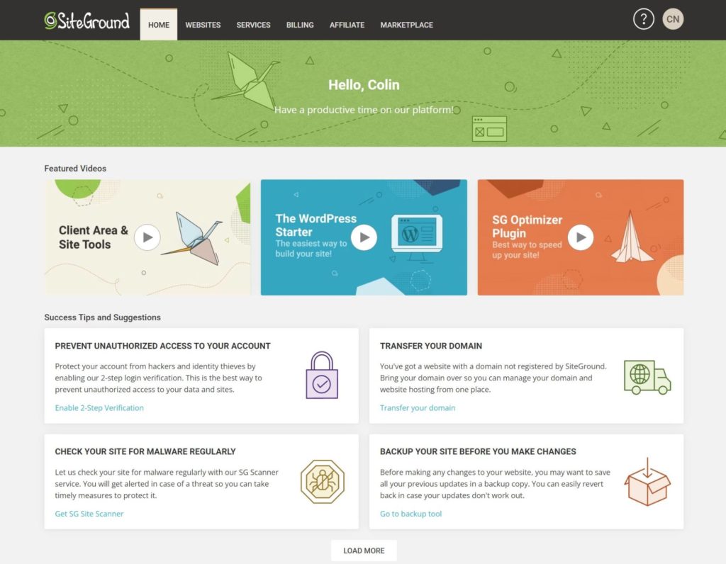 The main SiteGround hosting dashboard