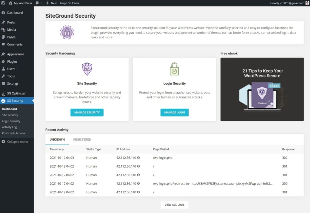 The SiteGround Security plugin dashboard