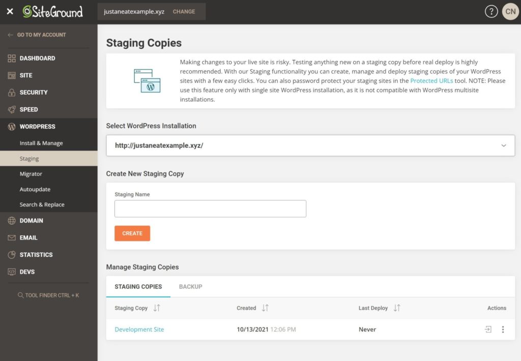 The SiteGround staging tool