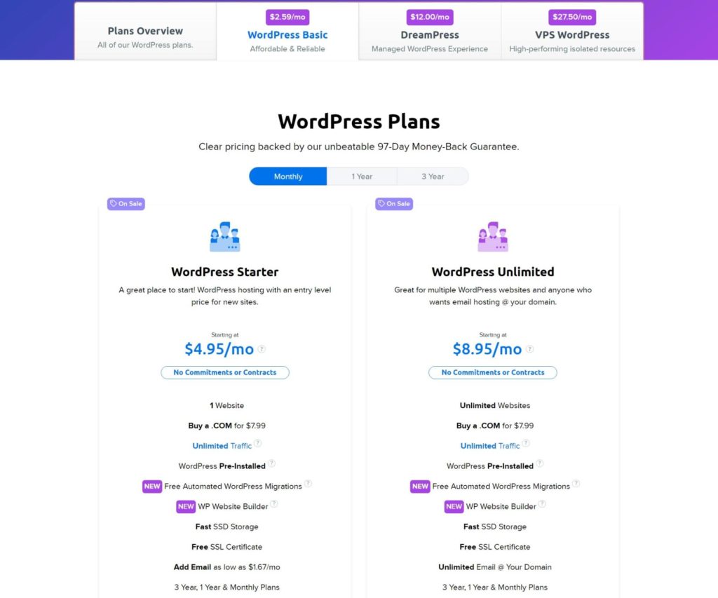 DreamHost shared WordPress hosting pricing.