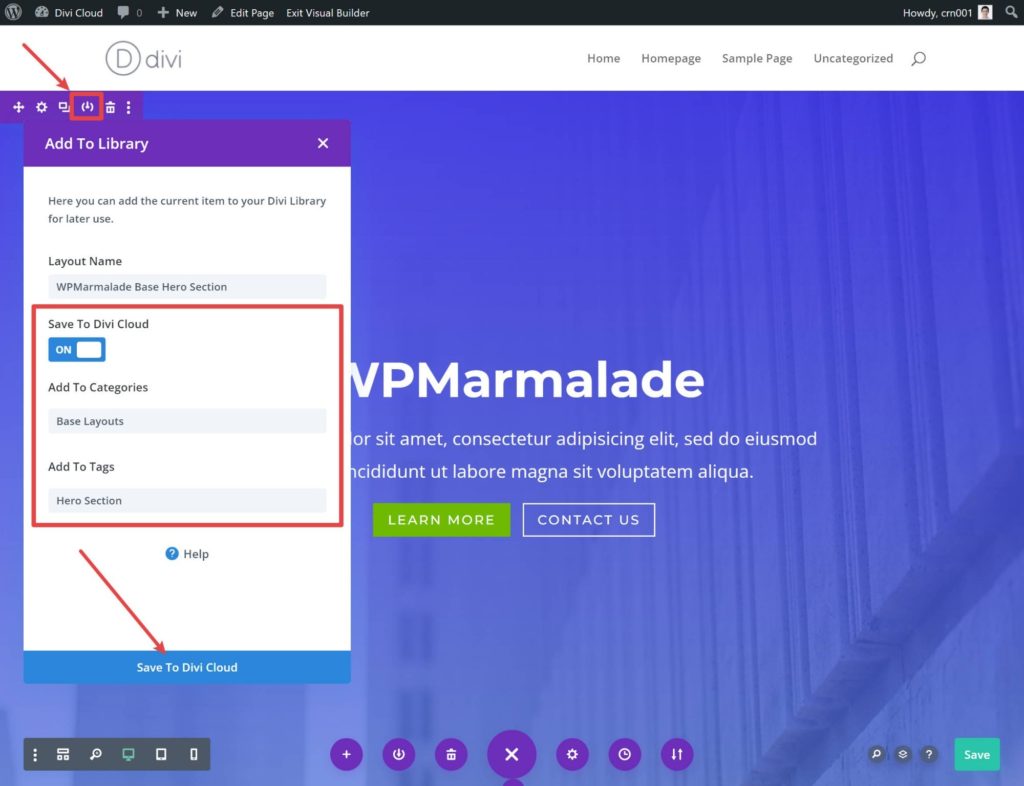 How to save a layout to Divi Cloud