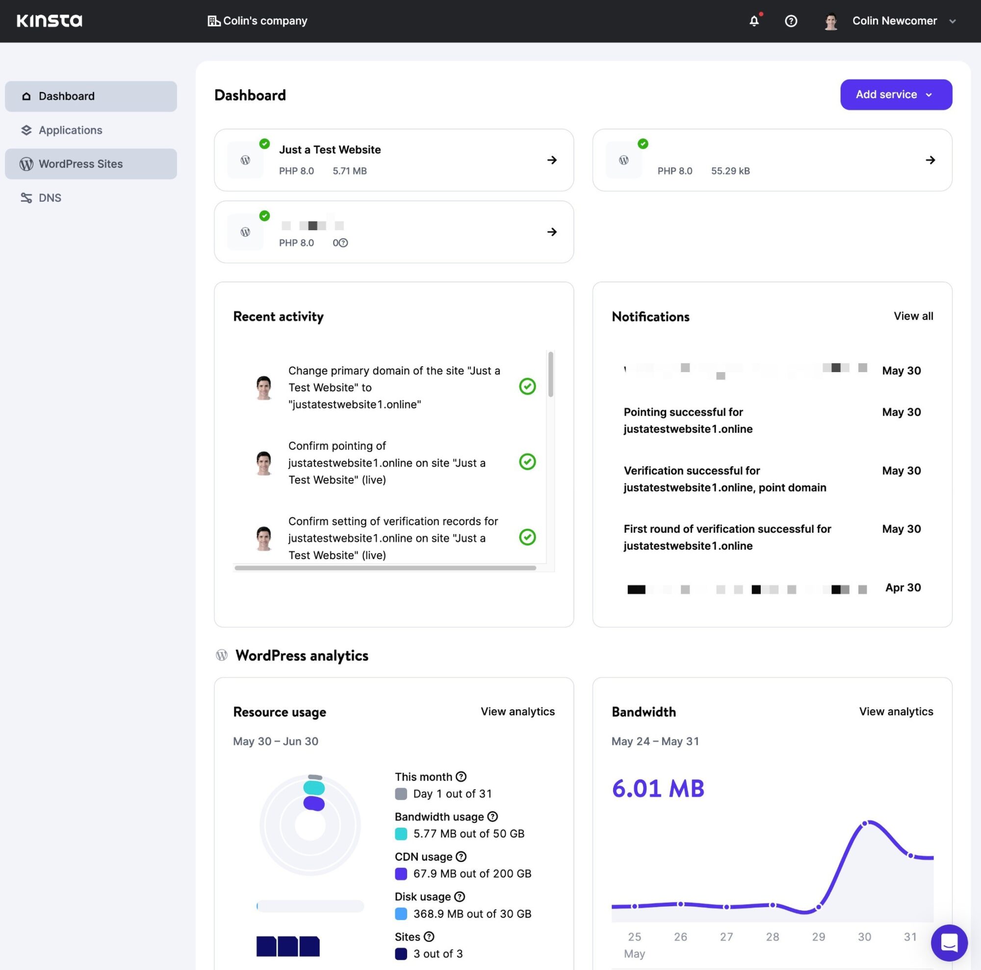 The main Kinsta dashboard for your entire account.