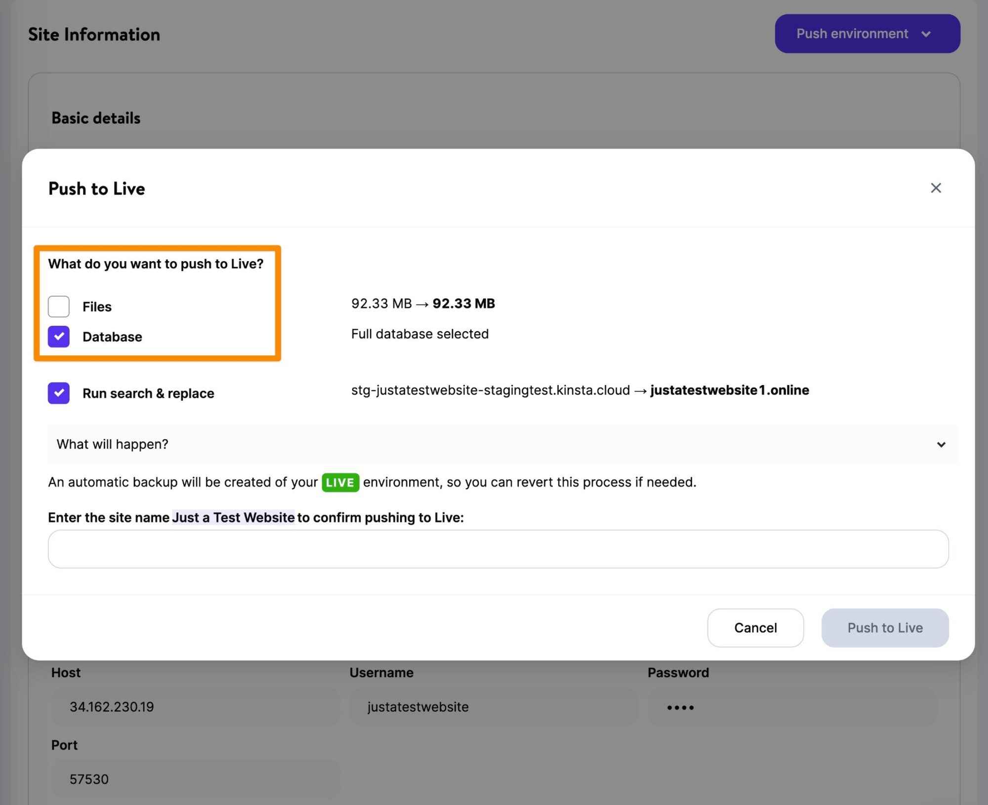 How to push a Kinsta staging site live.